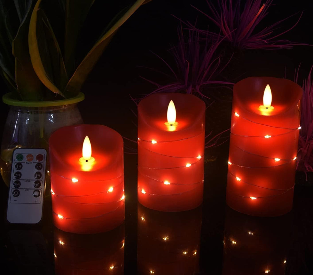 danip red LED flameless Candle with Embedded Star String, 3-Piece Set of LED Candles, with 11 Button Remote Control, 24-Hour Timer Function, Dancing Flames, Real Wax, Battery Powered. (Red)