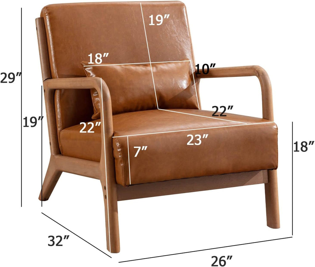 INZOY Mid Century Modern Accent Chair with Wood Frame, PU Leather Reading Armchair with Waist Cushion, Upholstered Living Room Chairs for Bedroom Sunroom (Camel)