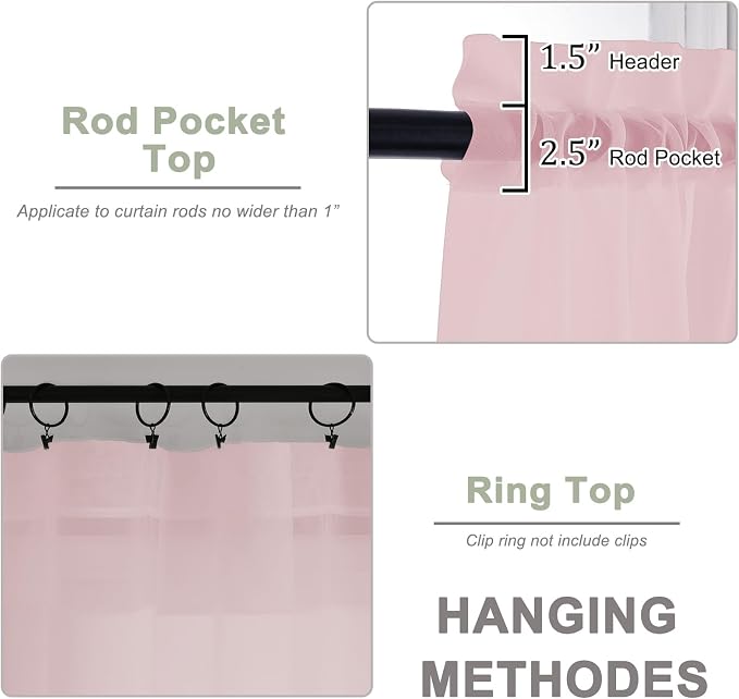 Blush Sheer Curtain 90 Inches Long 2 Panels Set, Solid Filmy Drapes - Image 3