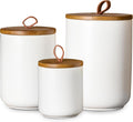 JOJUNO White Ceramic Canister Set with Wooden Lid, 3-Piece Airtight Food Storage Jars for Kitchen Counter - Flour, Sugar, Coffee, Tea, Spice - Small, Medium, Large Sizes