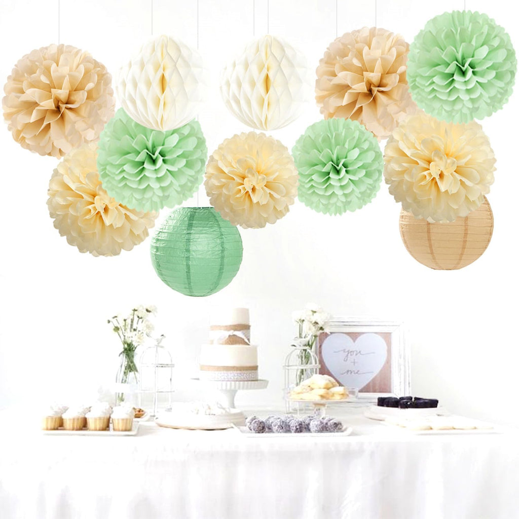 Sage Green-Boho Party-Decorations Paper-Flowers Lanterns - 15PCS Safari Rustic Neutral Baby Shower Tissue Pom Poms Streamers, Champagne Gold Birthday Wedding Graduation Hanging Supplies Decor Hugfond