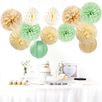 Sage Green-Boho Party-Decorations Paper-Flowers Lanterns - 15PCS Safari Rustic Neutral Baby Shower Tissue Pom Poms Streamers, Champagne Gold Birthday Wedding Graduation Hanging Supplies Decor Hugfond