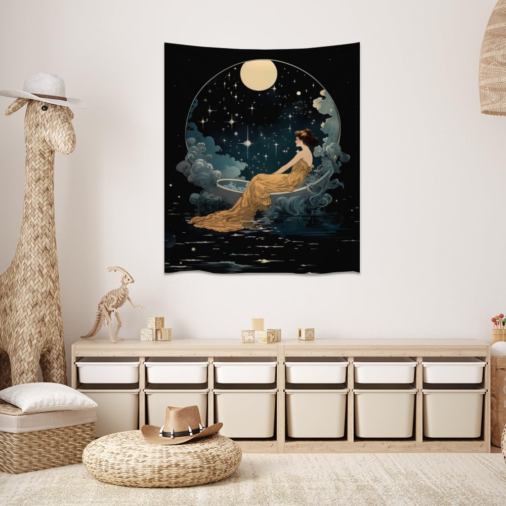 Dark Academia Tapestry Celestial Moonlit Bathing Lady Print Trendy Aesthetic Gothic Wall Hanging Vintage Art Nouveau Tapestries Wall Decor for Bedroom Living Room Dorm 50x60inch