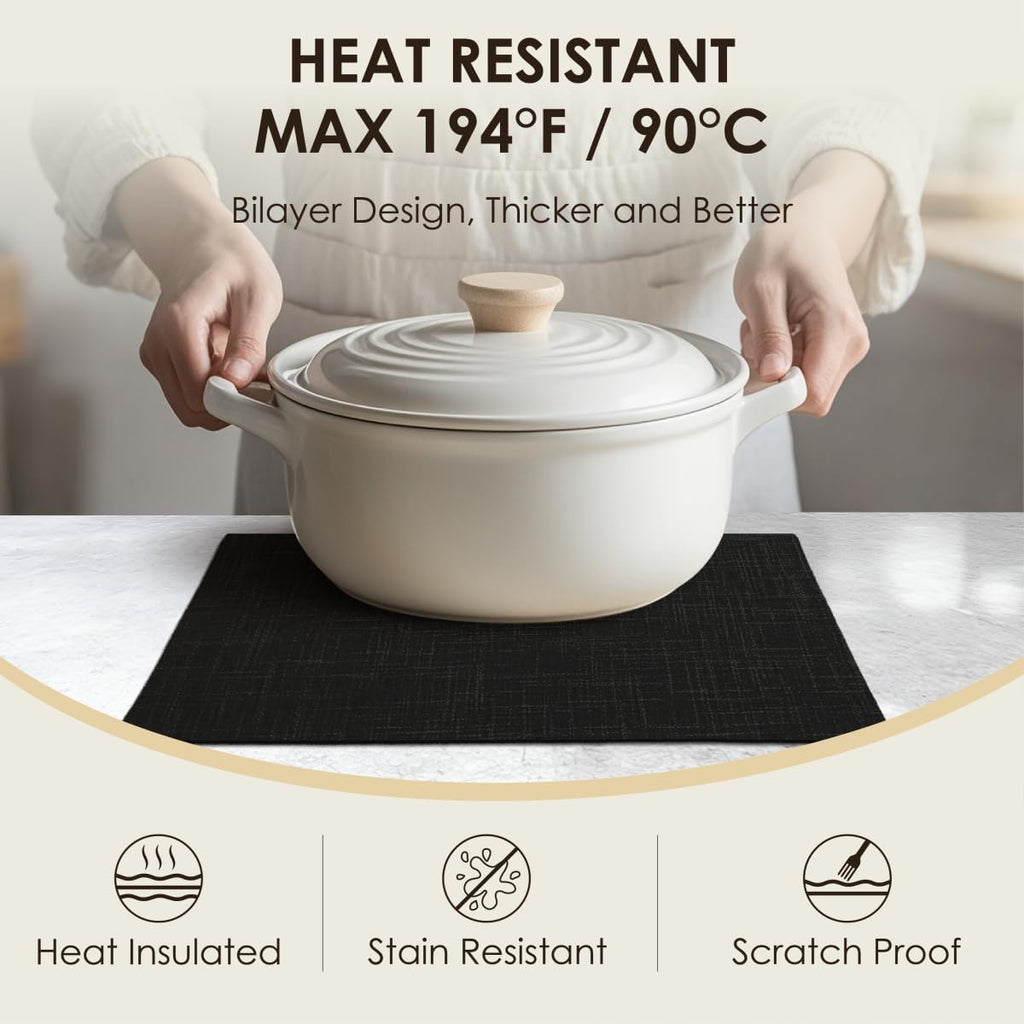 Placemats Set of 6, Bilayer Thickened Linen Place Mats Heat Resistant Machine Washable Wrinkle Free Carefully Selected Polyester Mats for Kitchen/Dining/Coffee Table (Black)