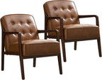 Faux Leather Accent Chair Set of 2, Mid Century Chair for Living Room, Upholstered Comfy Lounge Armchair with Solid Wood Frame, Modern Chair for Bedroom,105°Ergonomic Comfort, Brown