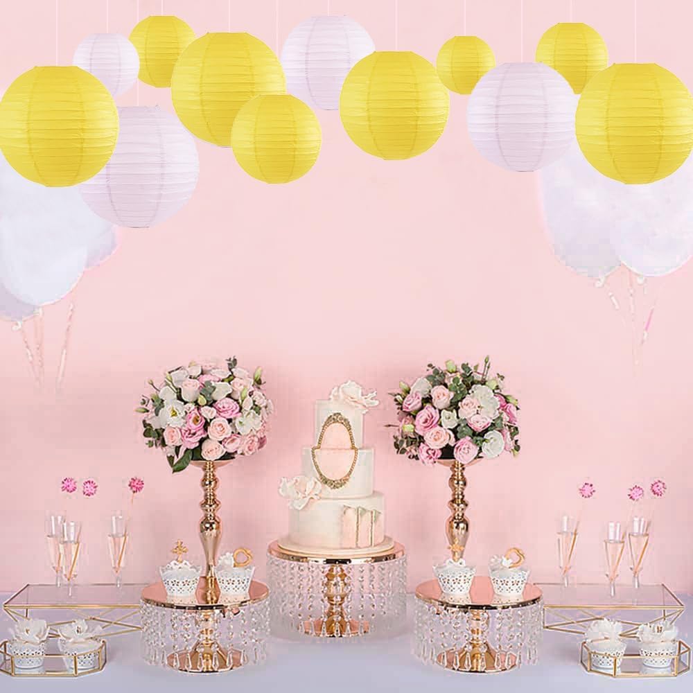 12Pcs Round Paper Lanterns Assorted Sizes (6" 8" 10" 12") for Home Decor, Restaurant, Church, Wedding, Birthday Party Decorations, Hanging Chinese Japanese Paper Lantern Lamps (Yellow)