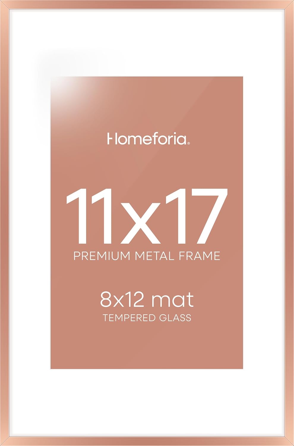 Homeforia 11x17 Picture Frame Rose Gold, High End Metal 11x17 Poster Frames with Mat 8x12 Photo, 11 x 17 Rose Gold Frames Matted to 8 by 12 Print, 17x11 Thin Frames, Tempered Glass, Wall Kit, Set of 1