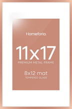 Homeforia 11x17 Picture Frame Rose Gold, High End Metal 11x17 Poster Frames with Mat 8x12 Photo, 11 x 17 Rose Gold Frames Matted to 8 by 12 Print, 17x11 Thin Frames, Tempered Glass, Wall Kit, Set of 1