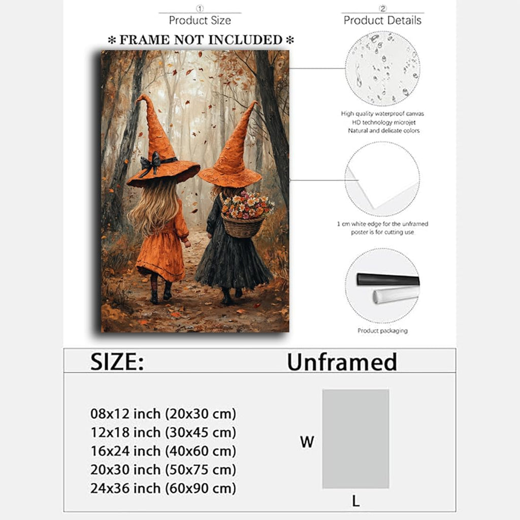 Fall Wall Art Witch Picture Decor,Little Girl Witch Halloween Wall Art, Vintage Autumn Whimsical Woodland Forest Picture, Family Room Nursery Playroom Children Room Decoration,16"x24" Unframed