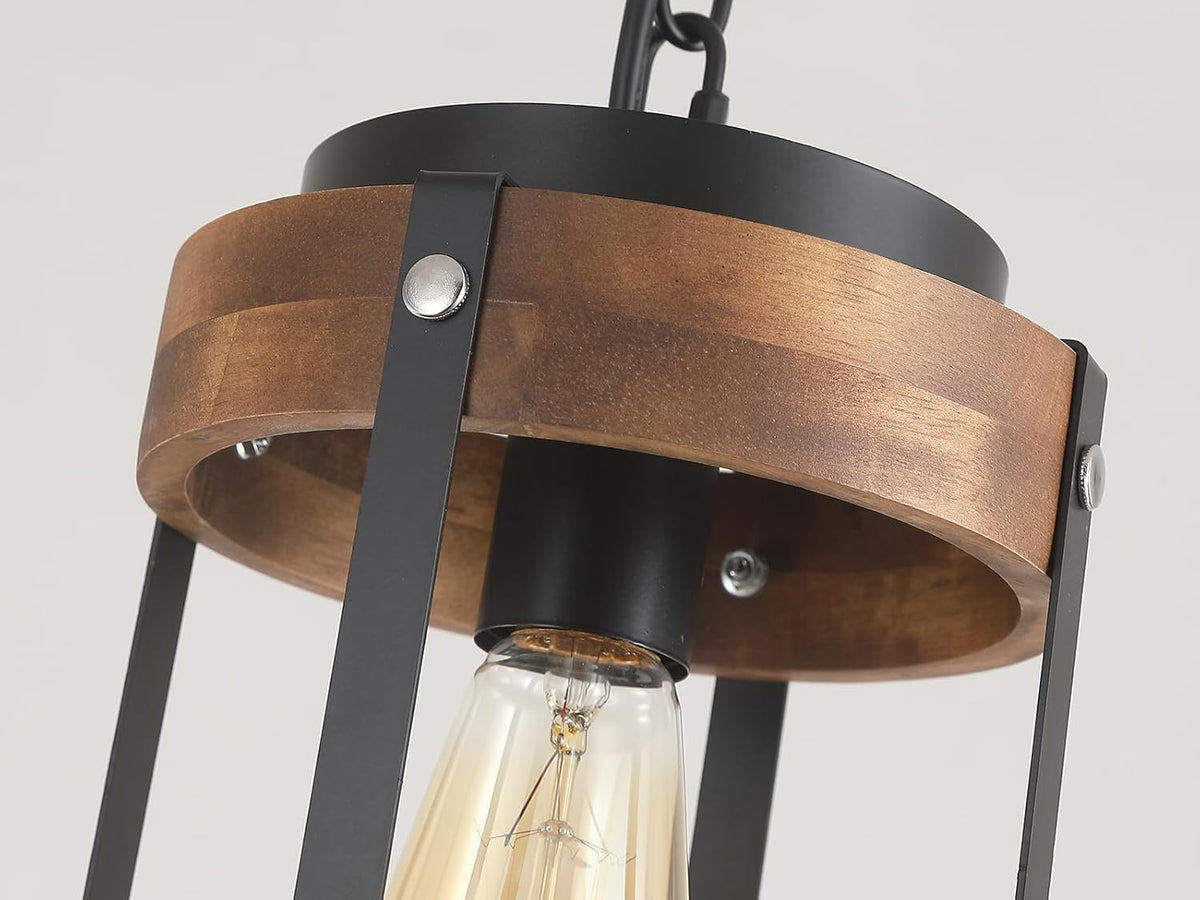 Rustic Farmhouse Wood Pendant Light Fixture One-Light Adjustable Chain Oak Wood and Metal Lantern Drum Small Pendant Lighting for Kitchen Island Sink Hallway Farmhouse Bathroom Bar, Black