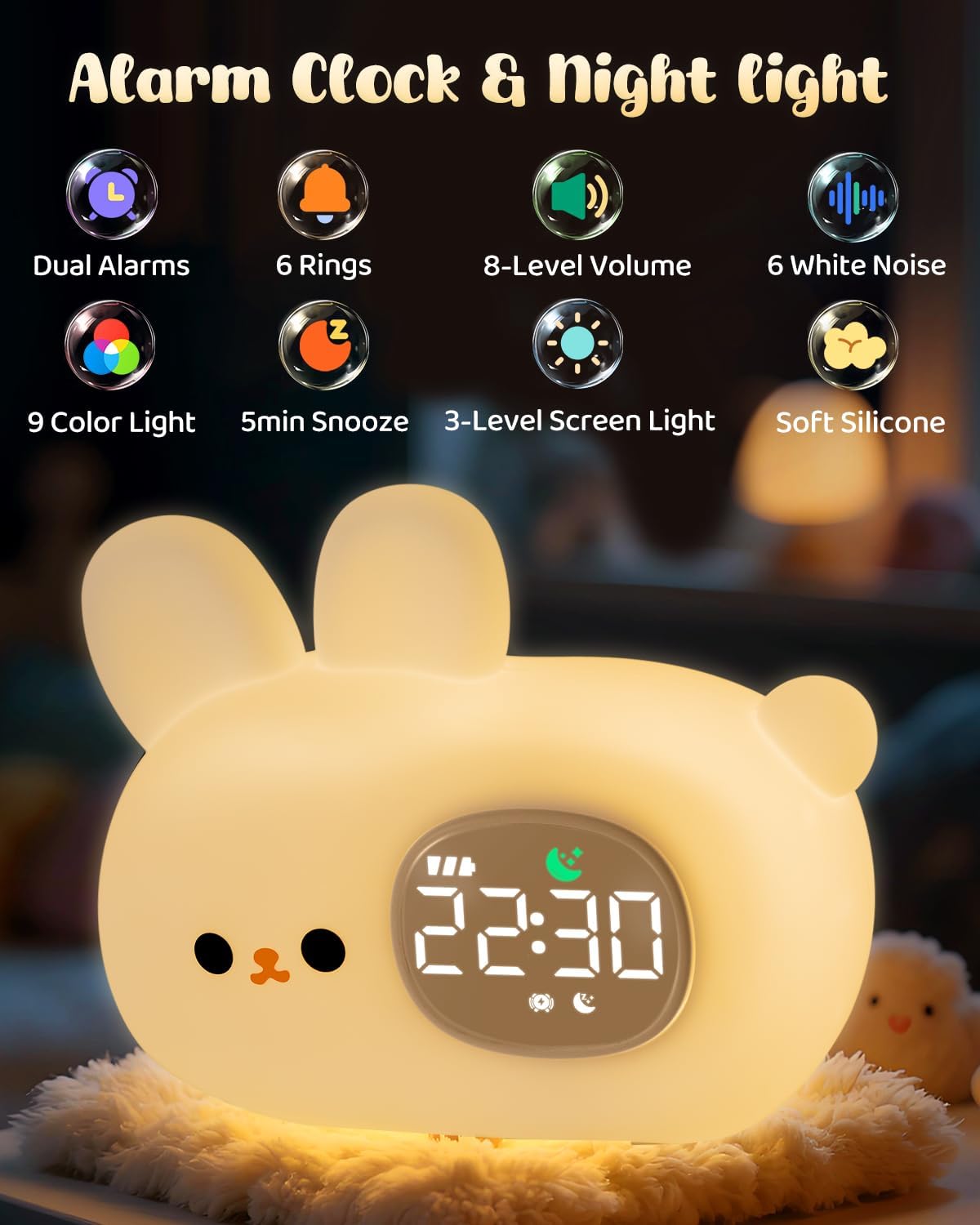 Bunny Alarm Clock for Kids with Night Light, Sleep Training Clock Time to Wake Clock, Rechargeable Silicone Light for Bedroom, Perfect Sleep Companion for Boys Girls