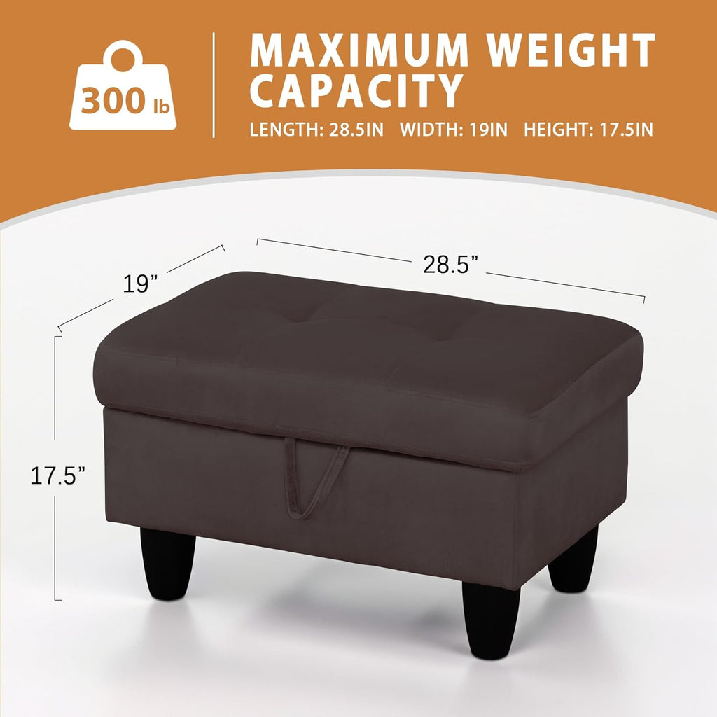 Ottoman Rectangular Storage Ottoman Bench, Flannel Footrest Stool Footstool with Lid for Living Room, Bedroom, Entryway, Dark Coffee, 28.5"x19"x17.5"