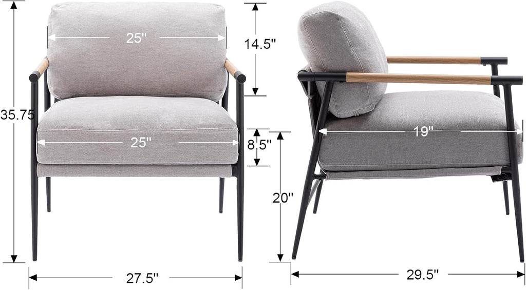 Mid-Century Accent Chair Set of 2, Soft Armchair Chenille Fabric Lounge Chair with Black Metal Legs, Upholstered Leisure Chair for Living Room Bedroom Reception Room, Grey