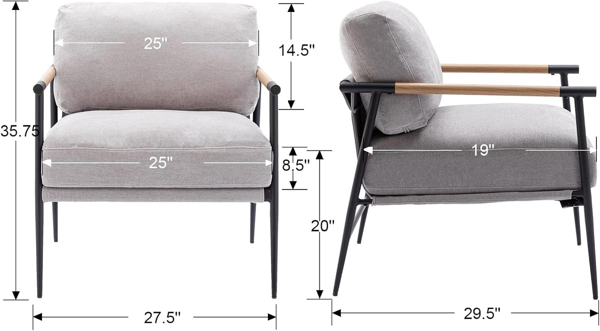 Mid-Century Accent Chair Set of 2, Soft Armchair Chenille Fabric Lounge Chair with Black Metal Legs, Upholstered Leisure Chair for Living Room Bedroom Reception Room, Grey