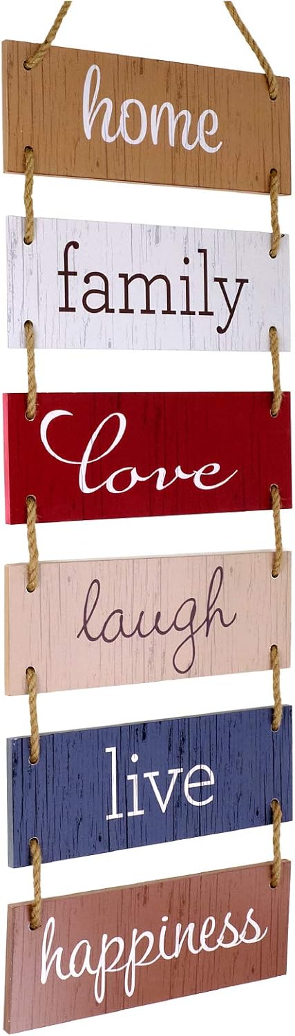 EXCELLO GLOBAL PRODUCTS Large Hanging Wall Sign: Rustic Wooden Decor (Home, Family, Love, Laugh, Live, Happiness) Hanging Wood Wall Decoration (11.75" x 32")