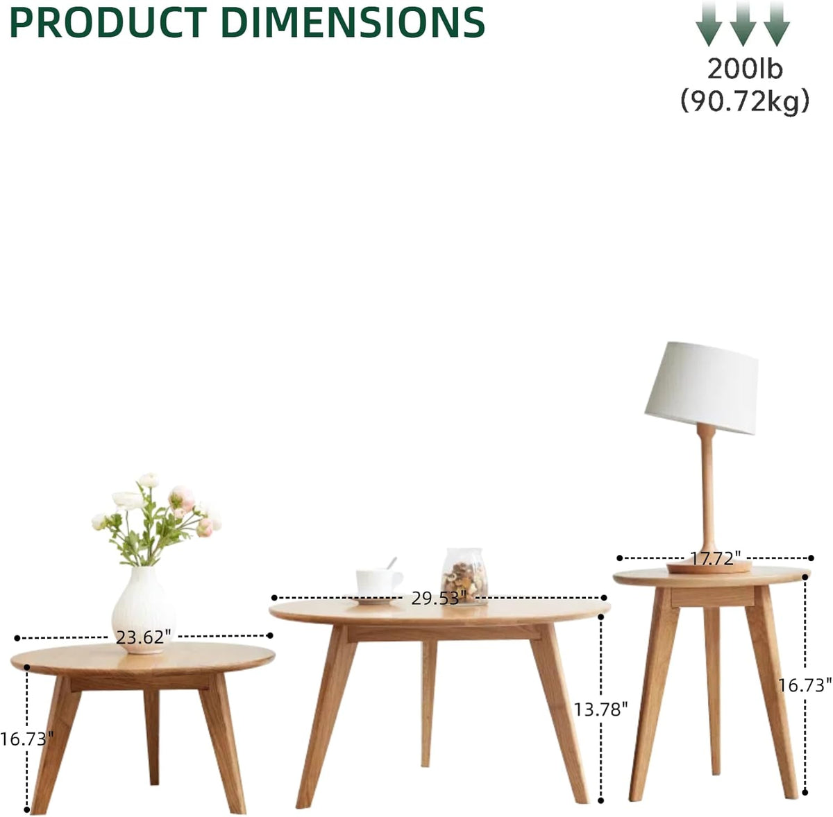 100% Solid Oak Wood Coffee Table Set, Round Coffee Table Combo Side Table w/Solid Wood Legs, Mid Century Table Sturdy Tables for Bedroom Balcony Living Room (Natural, 3 Pieces)
