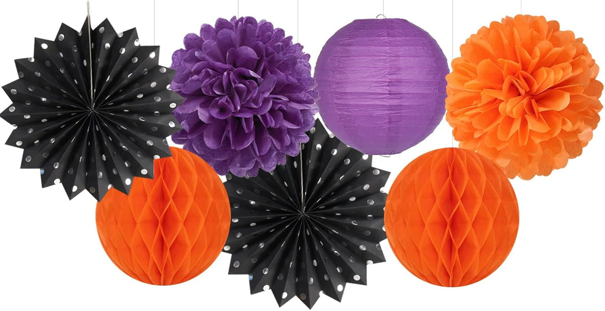 Black Orange Purple Halloween Party-Decorations - 14pcs Kits Paper Lanterns Fan,Tissue Flower Pom Poms Streamers,Honeycomb Balls,Graduation Birthday Wedding Baby Bridal Shower Decor Lasting Surprise