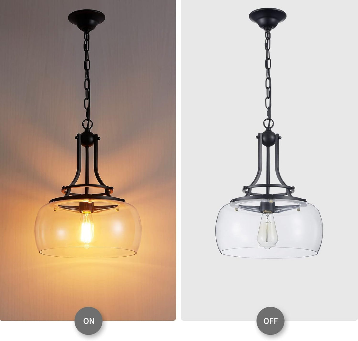 WUZUPS Chandelier Rustic Farmhouse Industrial Round Ceiling Pendant LED Light Fixture with Clear Glass Shades for Dining Room Kitchen Island Foyer Entryway, H 17" x W 13.4", E26 Base, Black
