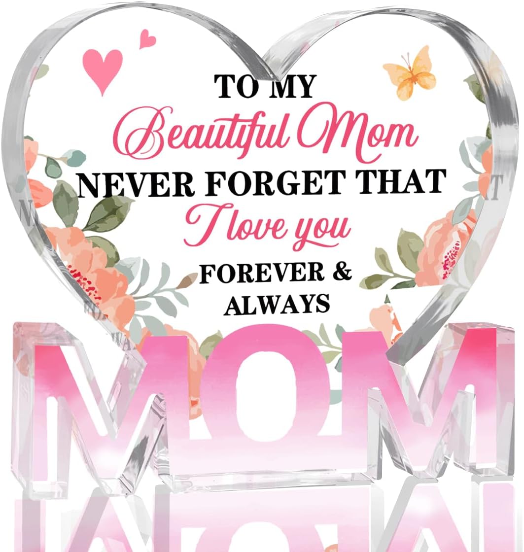 Mothers Day Gifts Best Mom Gifts -Gifts for Mom from Daughter Son - Best Mom Ever Gifts Unique Mother Birthday Acrylic Heart-Shaped Plaque Desk Decorations Present for Mom Christmas Anniversary