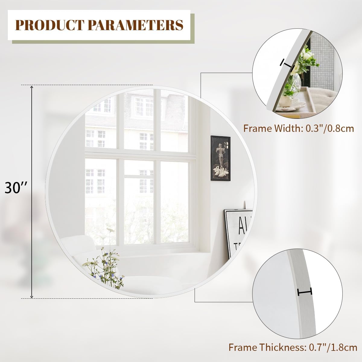 BEAUTYPEAK 30 Inch Round Mirror, Metal Frame Circle Mirror, Wall Mounted for Entryway, Bathroom, Vanity, Living Room, White