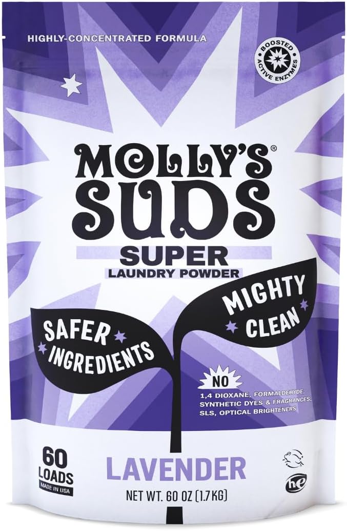 Molly's Suds Super Powder Detergent | Extra Strength Laundry Soap, Stain Fighting | Sensitive Skin | Simple, Effective Ingredients | 60 Loads - Lavender