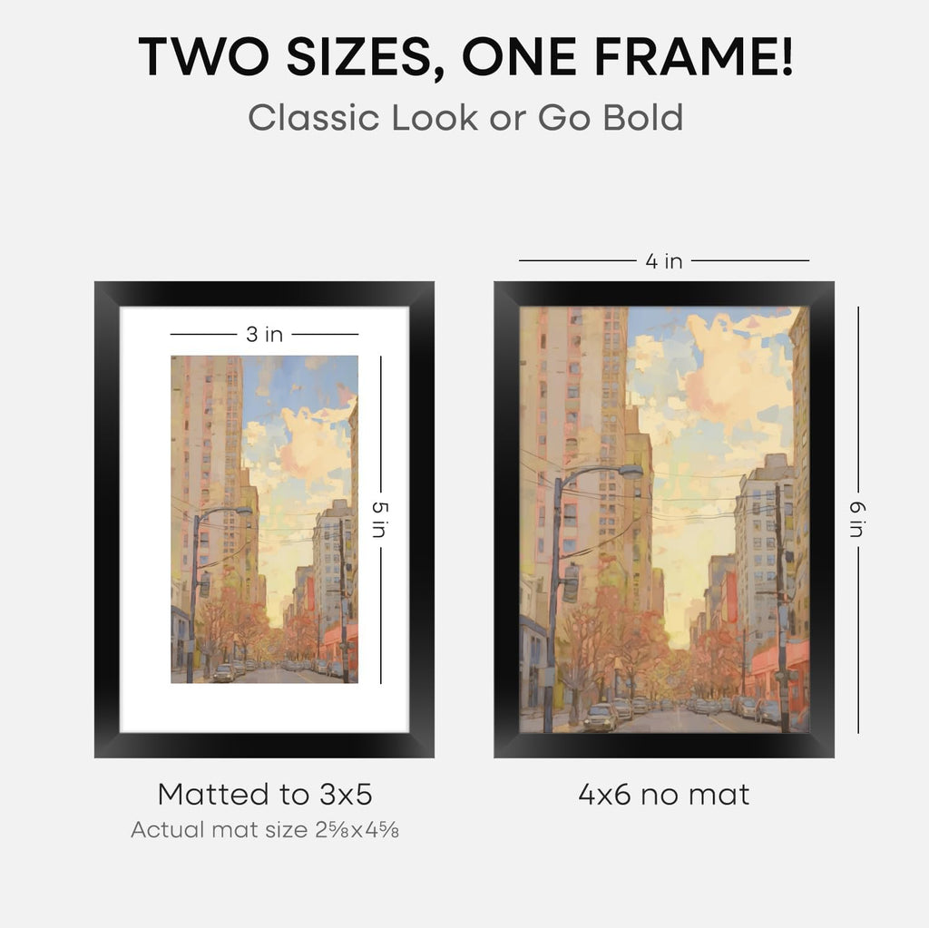 Homeforia 4x6 Picture Frame Black, High End Metal 4 x 6 Black Frames with Mat 3 x 5 for Art, 4x6 Desk Frame Matted to 3x5 inch Photo, 4 by 6 Wall or Tabletop Frames, Tempered Glass, Wall Kit, Set of 1