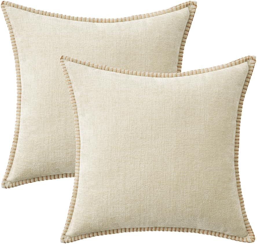MIULEE Pack of 2 Christmas Pillow Covers 16x16 Inch Cream White Farmhouse Decorative Throw Pillow Covers with Stitched Edge Soft Chenille Solid Dyed Couch Pillow Covers for Sofa Bed Living Room