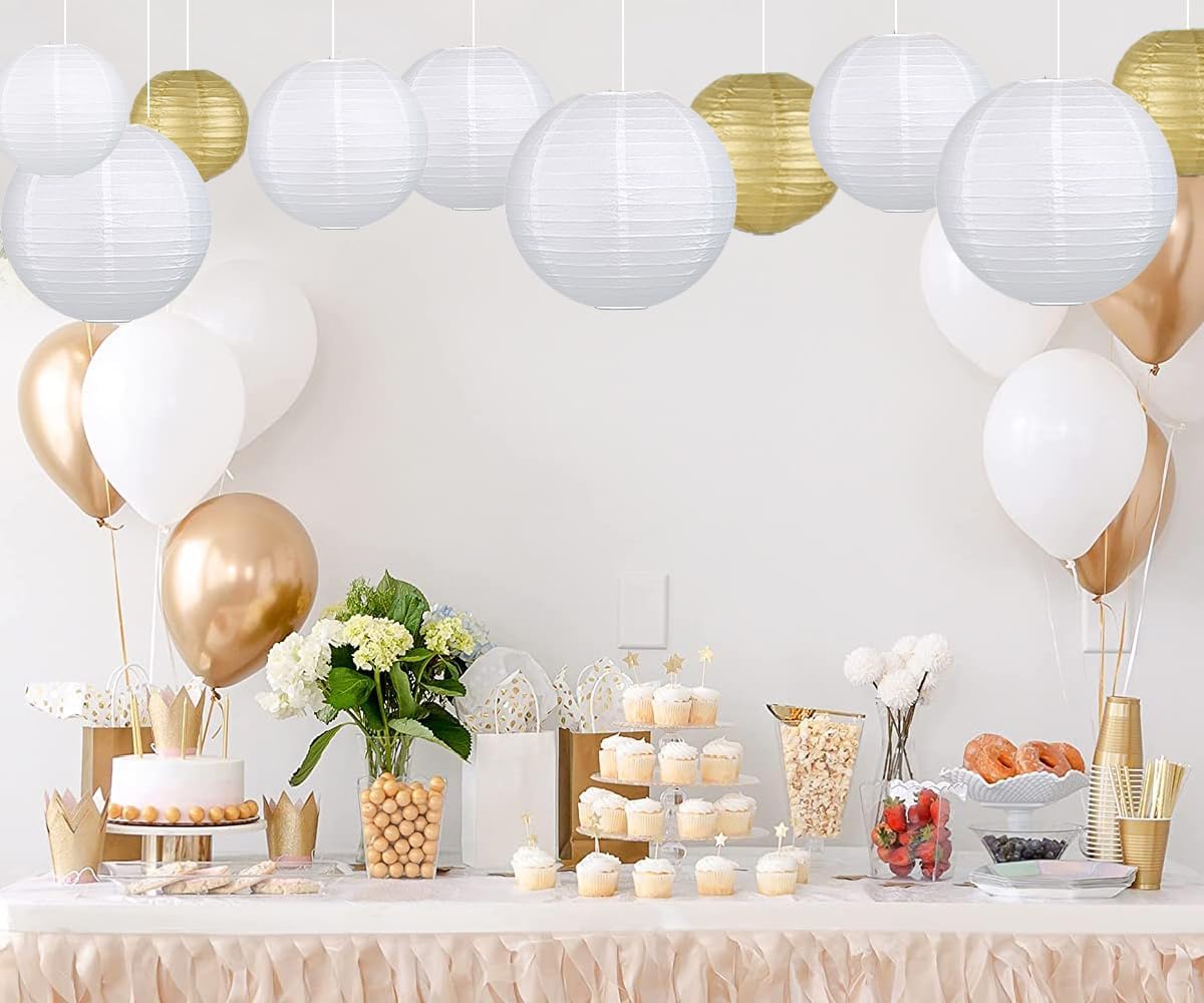 12Pcs Round Paper Lanterns Assorted Sizes (6" 8" 10" 12") for Home Decor, Restaurant, Church, Wedding, Birthday Party Decorations, Hanging Chinese Japanese Paper Lantern Lamps (White)