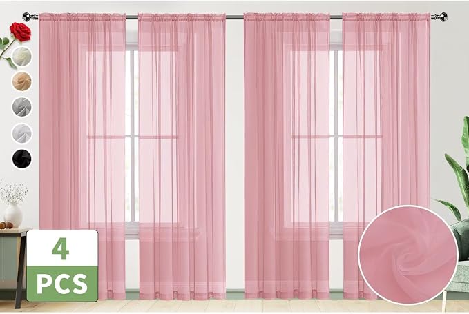 SpaceDresser Sheer Blush Curtains 4 Panels Rod Pocket Semi-Sheer Curtain 63 - Image 2