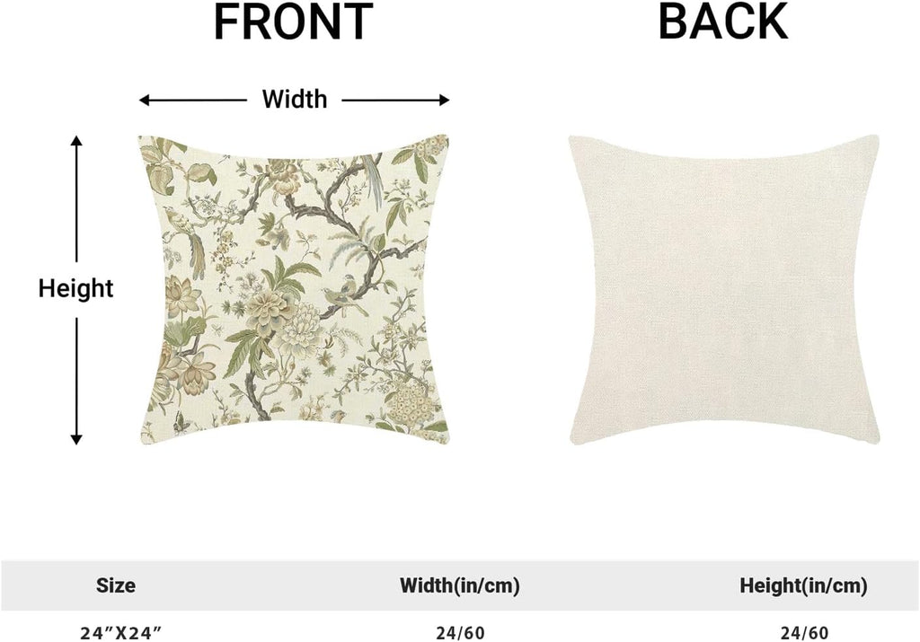 CXMEIFLY Spring Floral Birds Pillow Covers 24 x 24 Inch Set of 2 for Chinoiserie Flowers Decor Throw Pillows Sage Green Plant Outdoor Decorative Cushion Cases for Couch Bed Decorations
