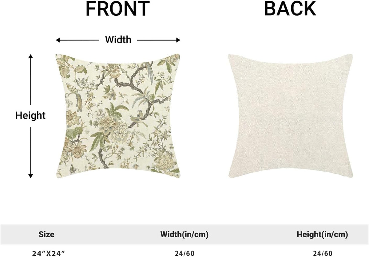 CXMEIFLY Spring Floral Birds Pillow Covers 24 x 24 Inch Set of 2 for Chinoiserie Flowers Decor Throw Pillows Sage Green Plant Outdoor Decorative Cushion Cases for Couch Bed Decorations