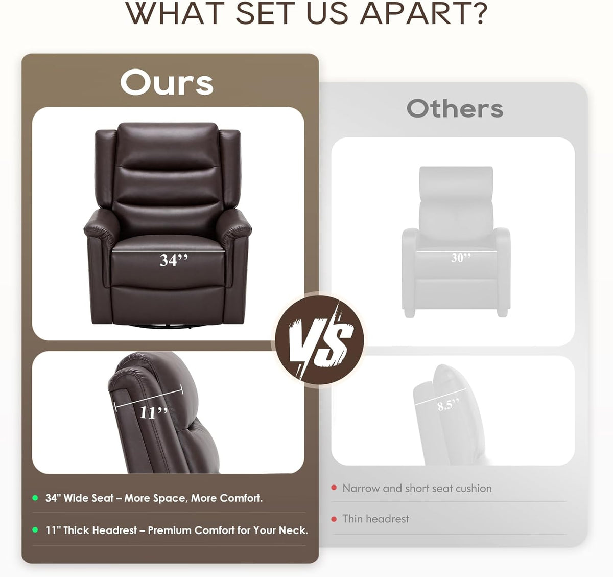 COLAMY Oversized Leather Recliner Chair, 360°Swivel Rocking Manual Recliner with Thick Cushioned Padding Backrest and Wide Seat - Darkbrown