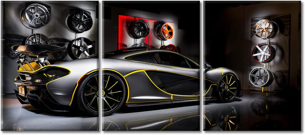TUMOVO Gray Sports Car Canvas Wall Art Yellow Stroke Supercar Posters & Prints Artwork Contemporary Home Decor Stretched Canvas Picture for Living Room Boys Bedroom Home Office Decor, 36" Wx16 H