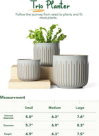 LE TAUCI Fluted Ceramic Planters Set of 3 – 8.3/7 / 5.7 in Star White Reactive Cylinder Indoor Plant Pots with Drainage Plug & Mesh, Glossy Stoneware Flower Pots for Succulents Herbs