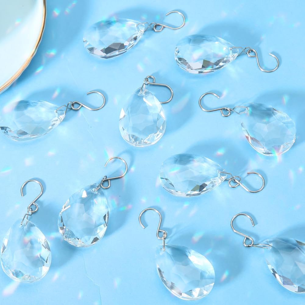 10pcs 38mm Crystal Suncatcher, Hanging Clear Teardrops Crystals Chandelier Parts Prisms Pendants with Hook for Windows Lamp Christmas Tree Decorations Home Decor