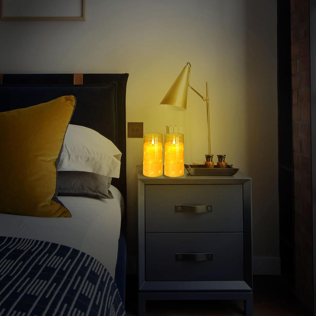 NURADA 3"x6"Flickering Flameless Candles: Built-in Star String Lights Acrylic Battery Operated LED Pillar Candles with Remote and Timer for Romantic Mood Home Decoration - 2 Pack Gold