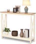 ALPHA HOME Console Table for Entryway, 2 Tier Storage Shelf Farmhouse Entryway Table, X-Shaped Design Narrow Sofa Table for Hallway, Living Room, Ivory