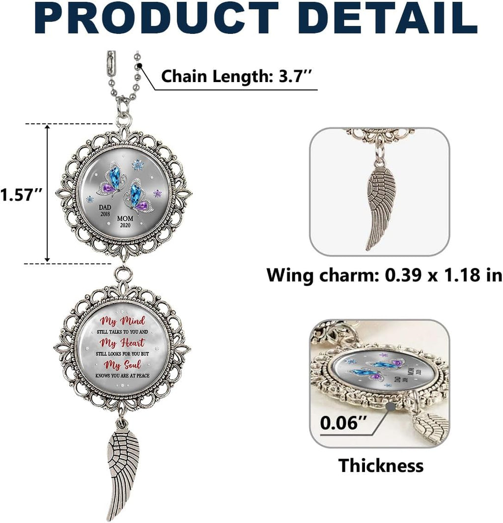 Memorial Car Rearview Ornament with Custom Names - My Mind Still Talks to You with Wing Charm Christmas Ornament Car Mirror Hanging Accessories Grieving Remembrance Sympathy Gift for Loss