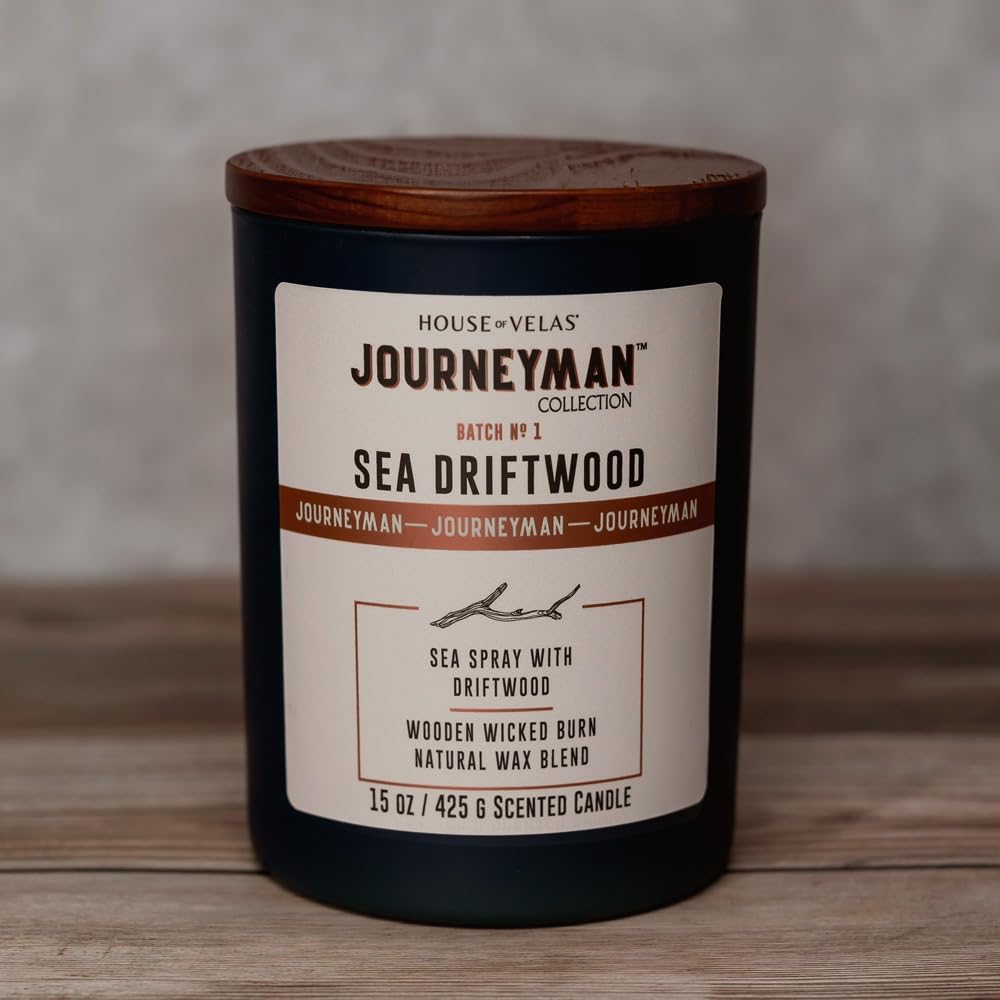 Journeyman Collection Candle, 15oz, Wooden Wick, Sea Driftwood, Large Painted Jar