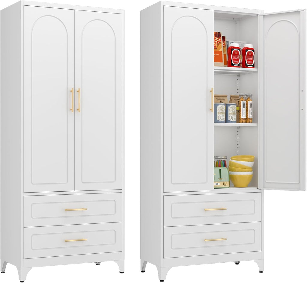 Kitchen Pantry Cabinet, 75" Tall Metal Pantry Cabinet with Two Drawers, Food Cupboards with Doors and Shelves, Freestanding Storage Cabinets for Dining, Living Room, White, Assemble Required