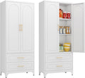 Kitchen Pantry Cabinet, 75" Tall Metal Pantry Cabinet with Two Drawers, Food Cupboards with Doors and Shelves, Freestanding Storage Cabinets for Dining, Living Room, White, Assemble Required