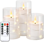NURADA Flickering Flameless Candles: Built-in Star String Lights Acrylic 3D Wick Battery Operated LED Pillar Candles with Remote and Timer for Romantic Mood Home Decoration - 3 Pack Pure White
