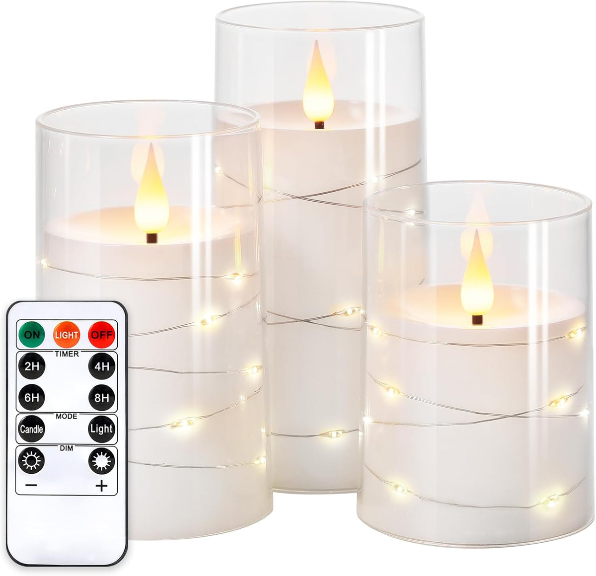 NURADA Flickering Flameless Candles: Built-in Star String Lights Acrylic 3D Wick Battery Operated LED Pillar Candles with Remote and Timer for Romantic Mood Home Decoration - 3 Pack Pure White
