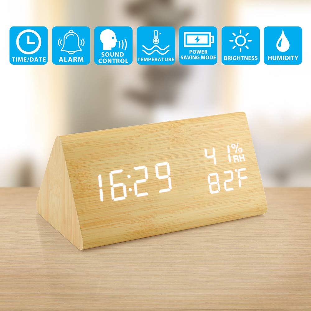 OCT17 Wooden Alarm Clock, Wood Alarm Clock Smart LED Digital Clock for Bedroom/desks, Upgraded with Time Temperature, Adjustable Brightness and Voice Control, Humidity Displaying - Bamboo