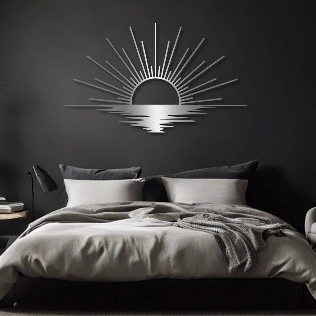 Sunrise Metal Wall Art, Metal Sun Wall Decor, Metal Sun Outdoor Decor, Large Metal Sun Wall Art, Sun Wall Art, Boho Sun Wall Art, Sunshine Metal Sign, Living Room Bedroom Wall Hangings (Silver, 31"x 18"| 80x47cm )