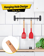 Pack of 2 Silicone Cooking Spatula, Heat Resistant Solid Turner, Non Stick Slotted Spatulas with Wooden Handle,Ideal Wood Kitchen Utensils Set for Frying, Baking, Flipping, Turning (RED)