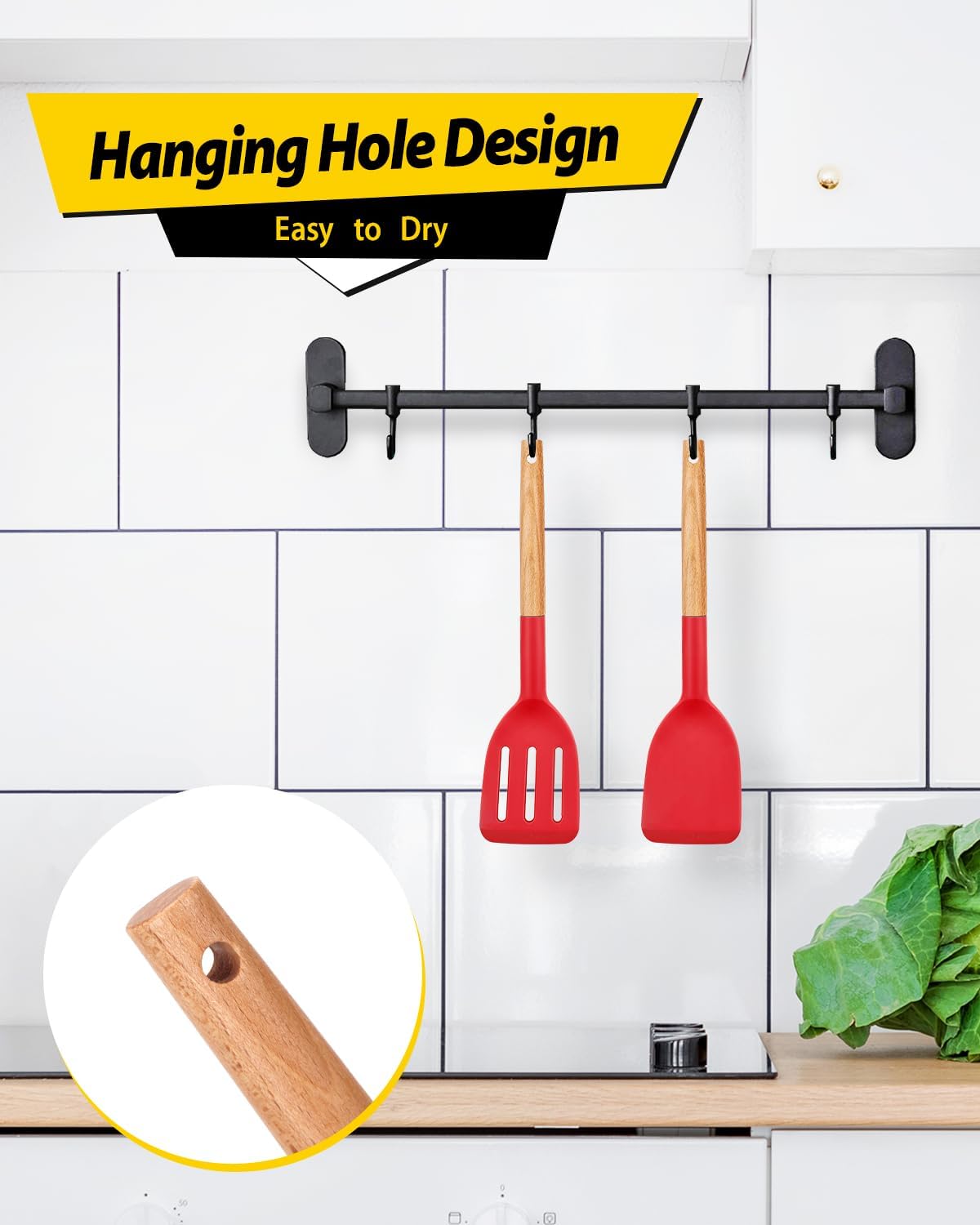Pack of 2 Silicone Cooking Spatula, Heat Resistant Solid Turner, Non Stick Slotted Spatulas with Wooden Handle,Ideal Wood Kitchen Utensils Set for Frying, Baking, Flipping, Turning (RED)