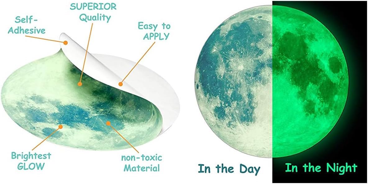 Quanhaigou Glow in The Dark Wall or Ceiling Moon Stickers – Green Luminous Big Moon Wall Stickers DIY Decor for Kid Room