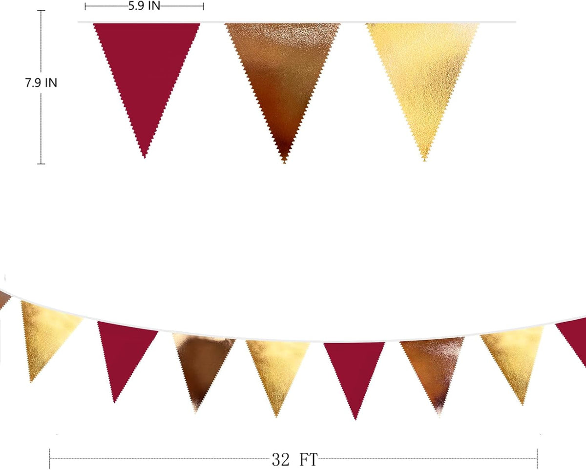 Fall Party Decorations Maroon Gold Brown Metallic Fabric Triangle Pennant Banner Burgundy Flag Bunting Garland for Autumn Thanksgiving Wedding Birthday Bridal Shower Engagement Graduation Garnet Party