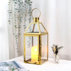 JHY Design Gold Decorative Lanterns 16" H Stainless Steel Candle Lanterns with Tempered Glass for Indoor Outdoor Events Parities and Weddings